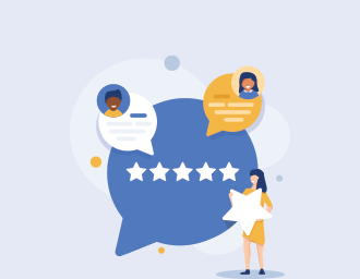Illustration of a woman holding a star in front of a large blue speech bubble with five white stars inside it. Two smaller speech bubbles with cartoon avatars and feedback text appear above, representing customer or user reviews.